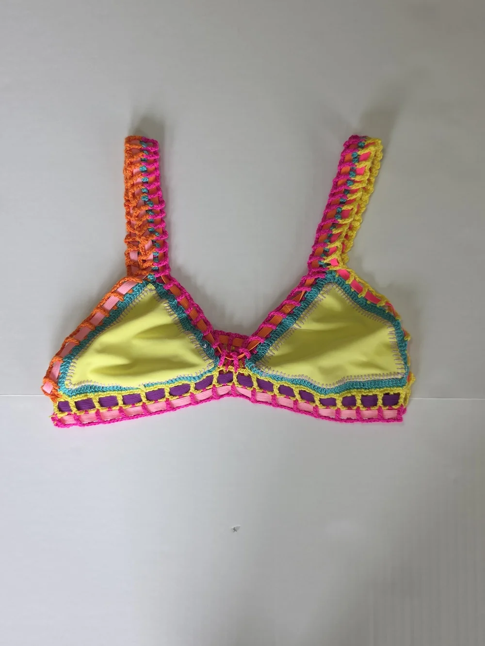 Yellow Crochet-Trim Top Bikini Color Details Summer Beach Resortwaer Retro